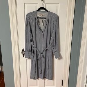 LOFT Blue & White Vertical Striped Long-Sleeved Tie-Waist Silky Shirt Dress